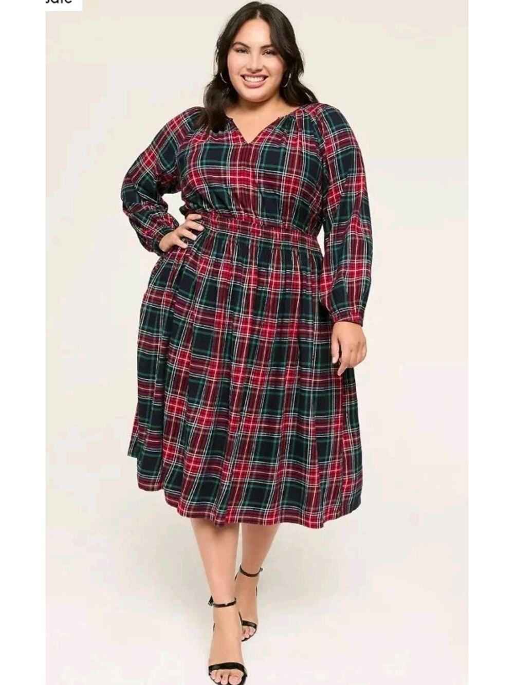 Lane Bryant Plaid Lurex Smocked Midi Shimmer Flannel Dress Red Green Blue